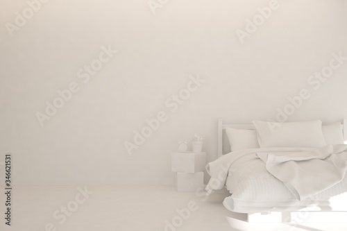 Modern bedroom in white color. Scandinavian interior design. 3D illustration