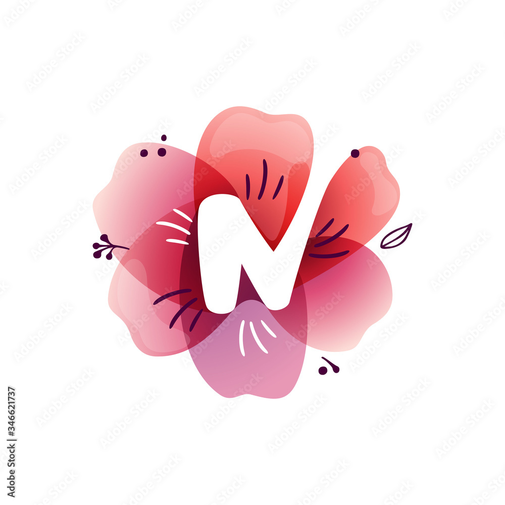 N letter logo at watercolor overlapping flower.