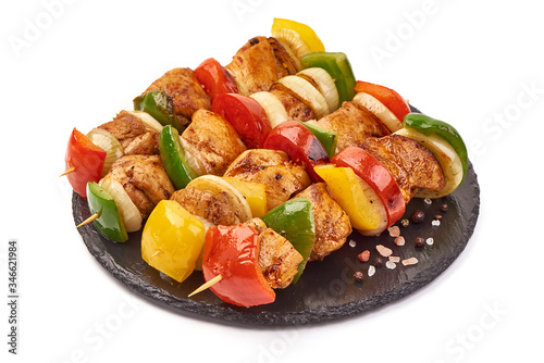 Grilled chicken skewers, roasted shish kebab BBQ, isolated on white background