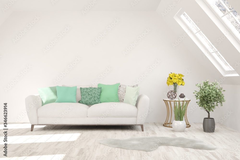 White living room with sofa. Scandinavian interior design. 3D illustration White living room with sofa. Scandinavian interior design. 3D illustration