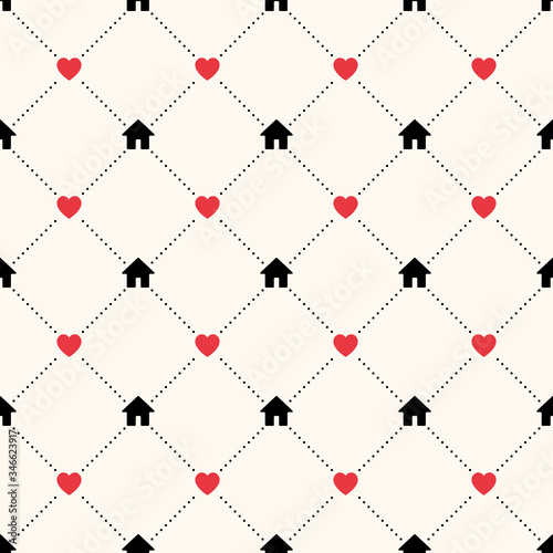 Seamless vector geometric pattern with house icons, red hearts and polka dot. Concept of staying home, selfisolation, social distancing during covid-19 quarantine