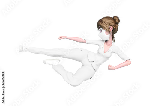nurse cartoon doing a jump fighter pose in white background