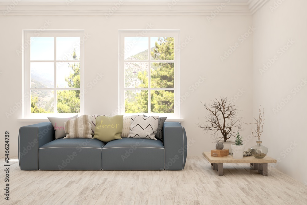 Stylish empty room in white color with summer landscape in window. Scandinavian interior design. 3D illustration Stylish empty room in white color with summer landscape in window. Scandinavian interior design. 3D illustration