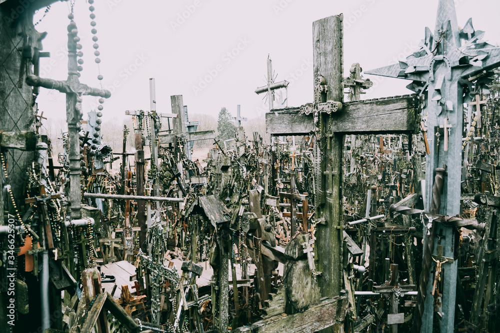 Thousands of vintage crosses in Lithuania. Famous pilgrimage site. Symbol of christianity, faith, and belief.