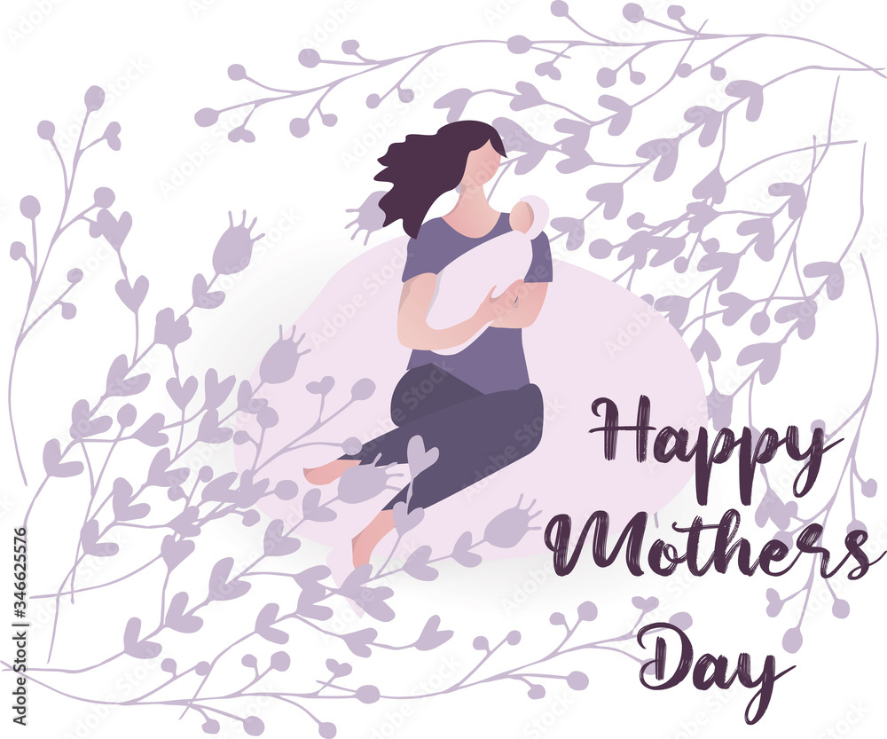 Happy Mother’s day design greeting card. Vector illustration good for the mom holiday,poster,banner,invitation,postcard,wallpaper,background, brochure.Mother character holding baby on her hands
