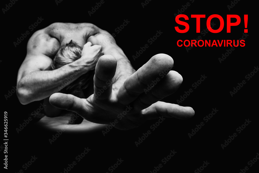 Stop coronavirus. Red motivation phrase for quarantine. Man on black background asks everyone to stay home to stop coronavirus. Covid-19.