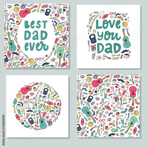 creative set of Father's day cards, prints, patterns created from hand drawn doodles and quotes. EPS 10