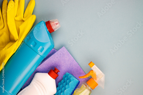 set of cleaning products for General cleaning and maintenance of cleanliness, top view. household goods for home and office