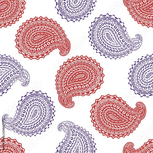 Seamless pattern based on traditional oriental paisley elements, Indian, Turkish, Persian cucumber. Suitable for textiles, fabrics, wallpapers, wrapping paper. Vector illustration.