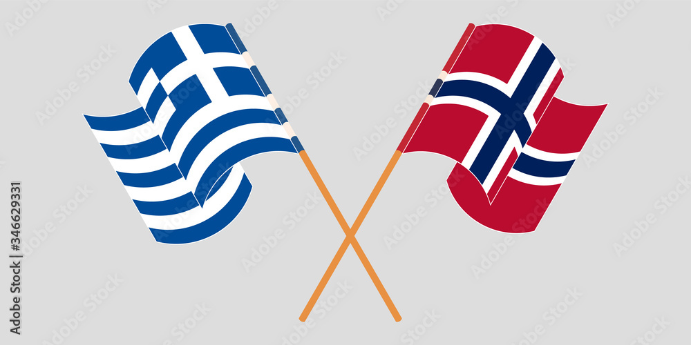 Crossed and waving flags of Greece and Norway