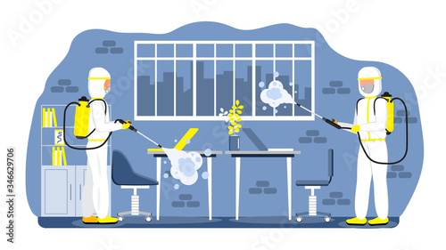 Disinfection of office. Disinfectant workers are wearing protective mask and suit. Man is carrying gas cylinder. Toxic and chemicals protection vector. Spraying of antiseptic