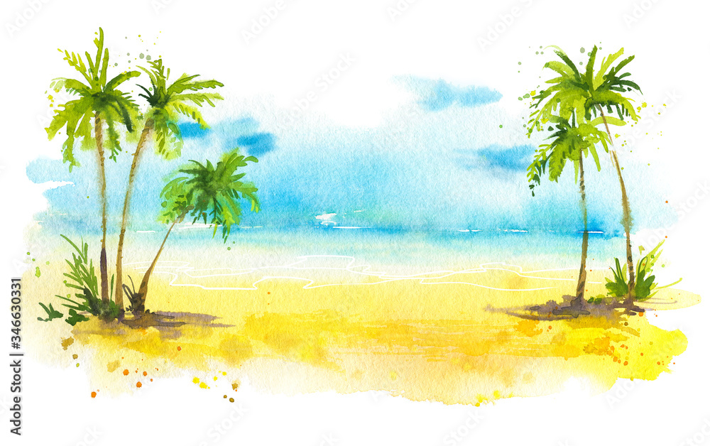 Summer beach with palm trees, watercolor background