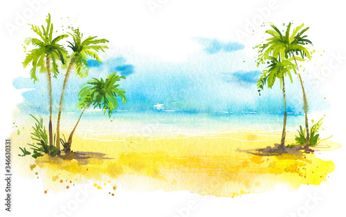 Summer beach with palm trees  watercolor background