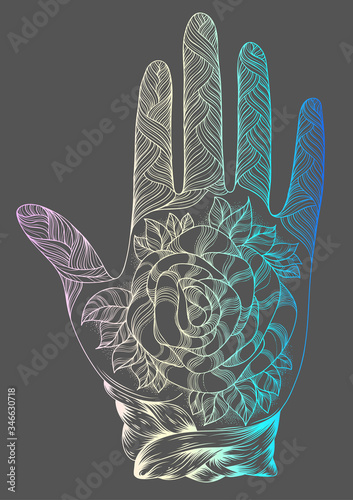 Vector drawn tattooed arm with a rose and weave patterns. Ornamental decorated graphic illustration yoga hand. Design card, print on t-shirt. Pattern mehndi colorful neon art line on a gray background