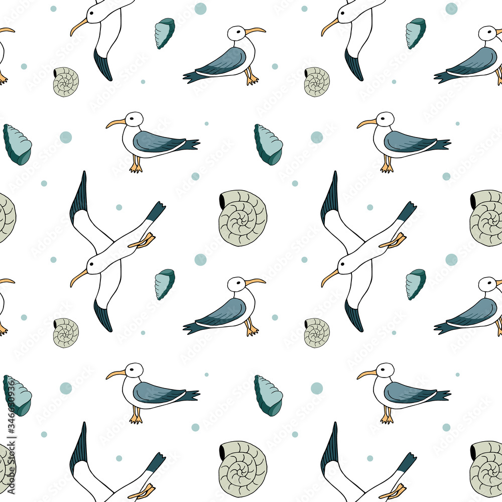 Abstract sea background, beach theme fashion seamless pattern, monochrome exotic vector wallpaper, vintage fabric, wrapping with seagull and wave ornaments - summer, maritime theme for design Abstract sea background, beach theme fashion seamless pattern, monochrome exotic vector wallpaper, vintage fabric, wrapping with seagull and wave ornaments - summer, maritime theme for design