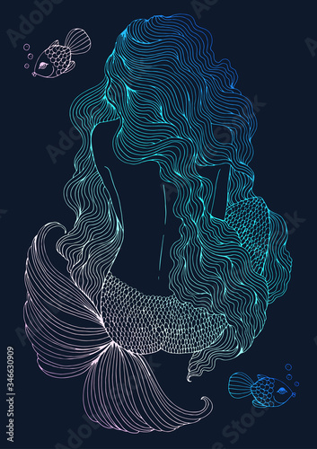 Vector drawing fantastic sea mermaid with long wavy hair sits with his back. Ornamental decorated graphic illustration of a fairytale mermaid. Pattern sea nymph. Fairy tale colorful neon light