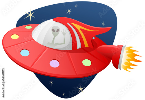 Vector illustration of an alien spacecraft, a UFO, occupied by a waving alien, against a space-themed background.