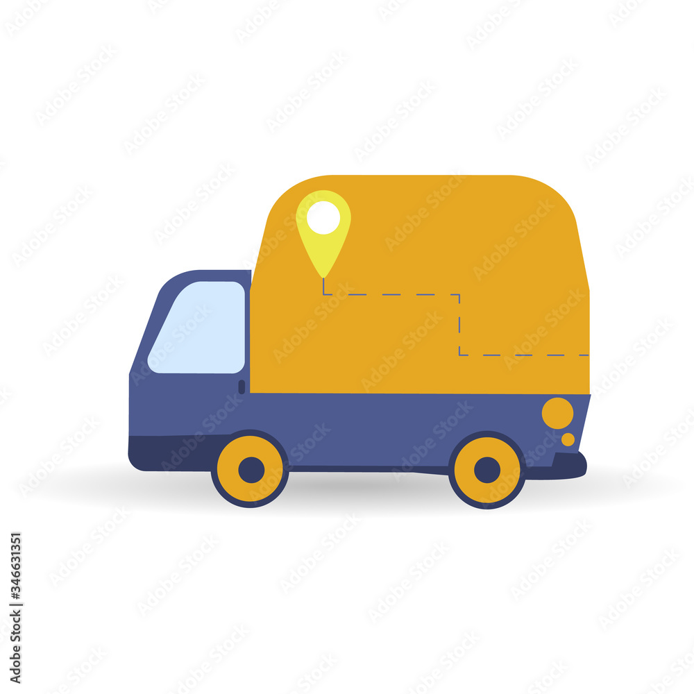Delivery truck van isolated on white background. Online service concept. Supply of things and mail to home and office. Simple vector illustration in flat style. City logistics theme for web, mobile