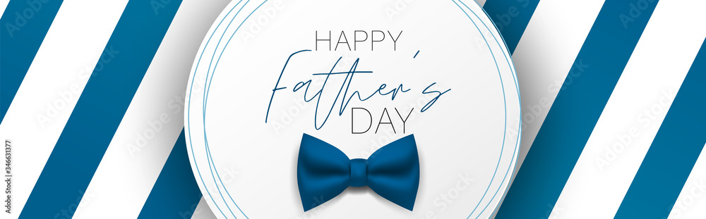 Happy Father's Day banner or header. Blue stripes and tie bow. Vector illustration. - obrazy, fototapety, plakaty 
