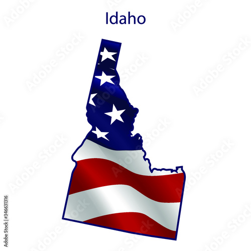 Idaho full of American flag waving in the wind. The outline of the state