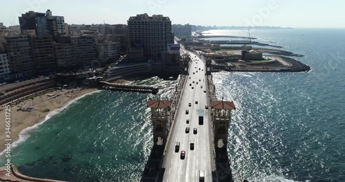 Aerial Drone shot over Egypt Alexandria city Stanly Bridge