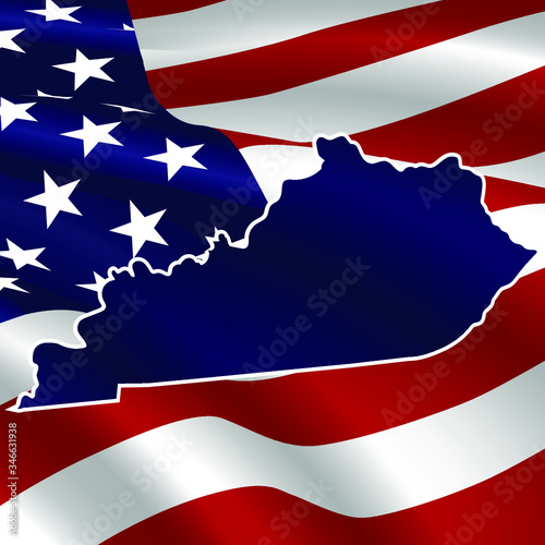 United States, Kentucky. Dark blue silhouette of the state on its borders on the background of the USA flag.
