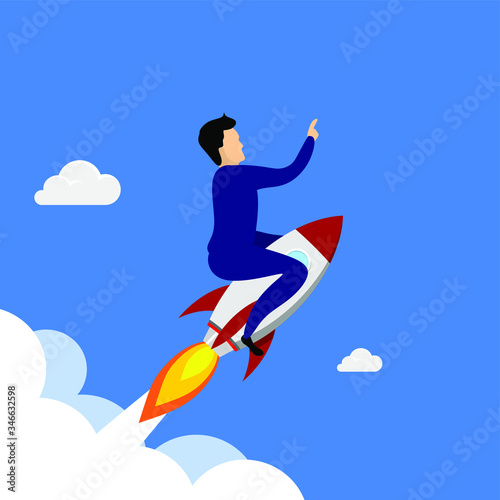 ambitious person takes off with a rocket to the sky and infinite space