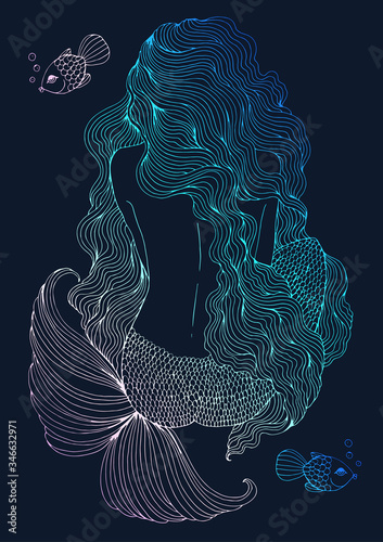Tablou pe pânză JPEG drawing fantastic sea mermaid with long wavy hair sits with his back