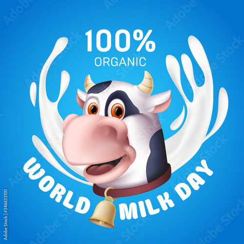 World milk day inscription with white yogurt splashes and the smiling cow cartoon character head. Vector illustration of a horned domestic animal with a golden bell on the blue background