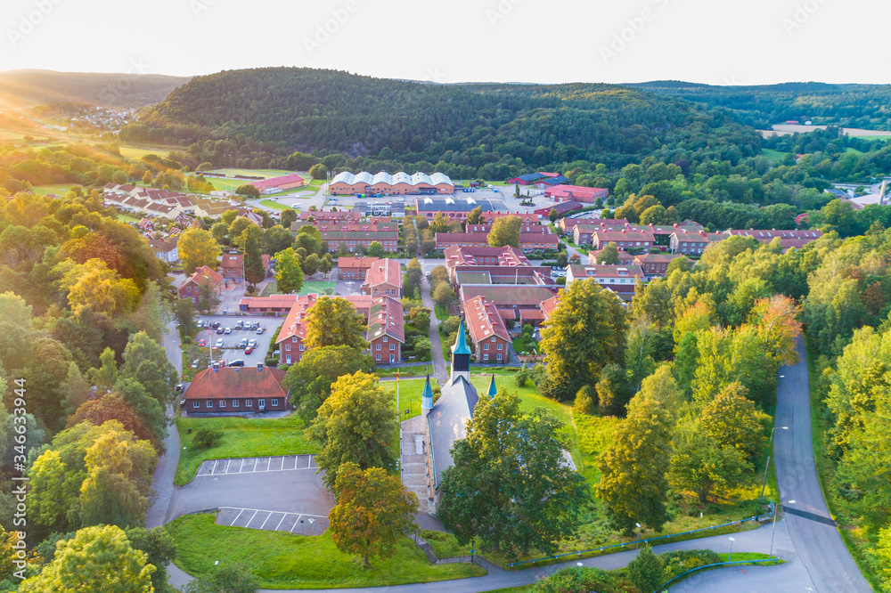 Aerial view of church and small village. Jonsered, Sweden.