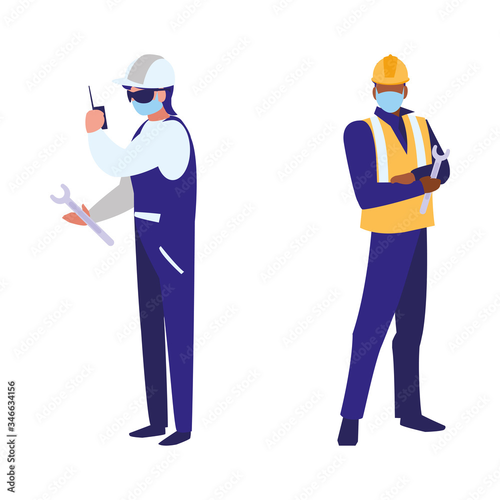 industrial workers men working with face mask industrial workers men working with face mask