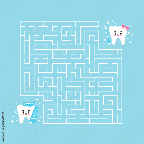 Cute tooth emoji and maze game vector flat illustration.