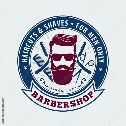 Barbershop Logo with barber pole and bearded men in sunglasses. Vector template
