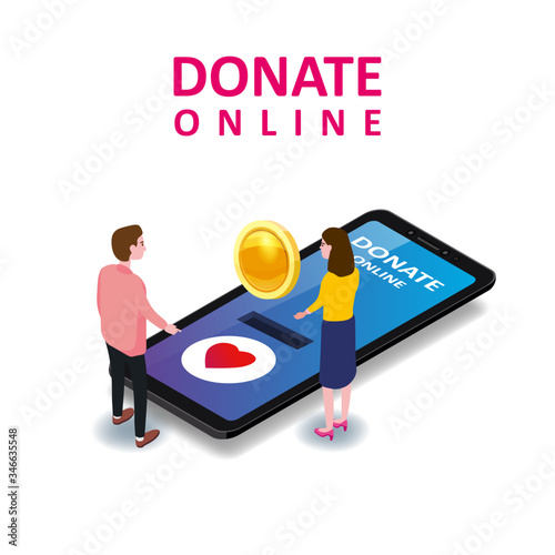 Donating online payments consept. Isometric smartphone tiny people woman man gold coin button.