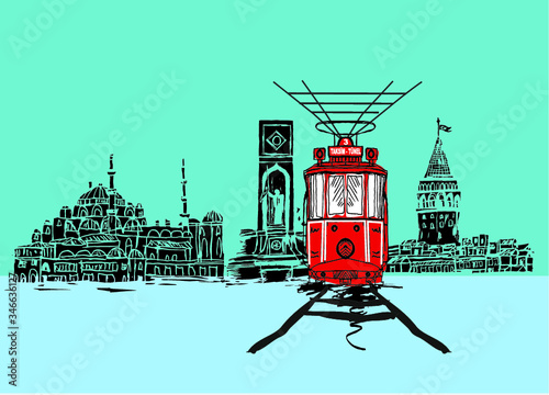 Istanbul taksim istiklal street tram embroidery graphic design vector art photo