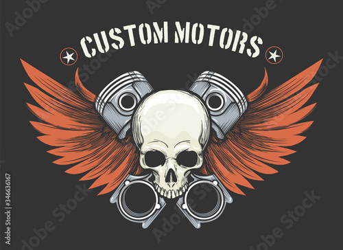 Human Skull with Pistons and Wings Emblem