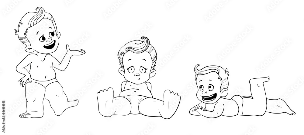 Little children in the diaper, kids game coloring page. 