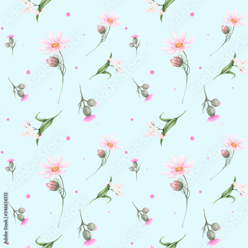 Seamless watercolor pattern with the image of pink daisies, forget-me-nots, thistles on a blue background. Watercolor hand drawn illustrations. Design for textile, fabric, clothing, cards
