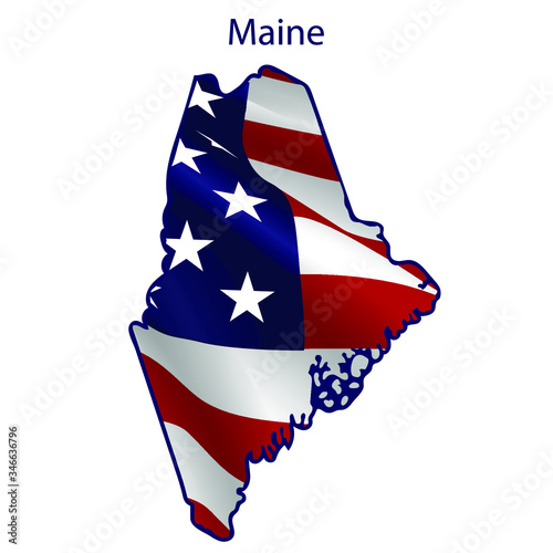 Maine full of American flag waving in the wind. The outline of the state