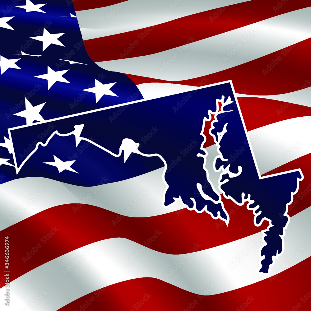 United States, Maryland. Dark blue silhouette of the state on its borders on the background of the USA flag. United States, Maryland. Dark blue silhouette of the state on its borders on the background of the USA flag.