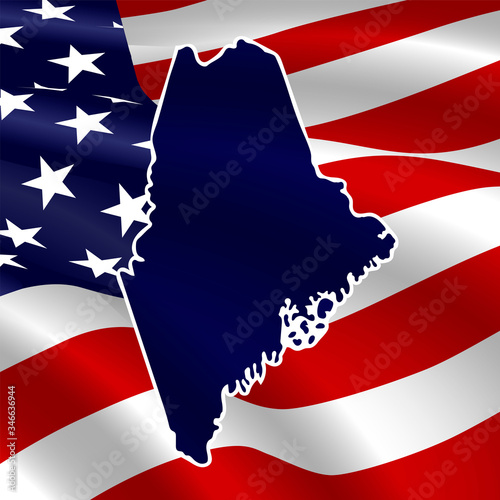 United States, Maine. Dark blue silhouette of the state on its borders on the background of the USA flag.