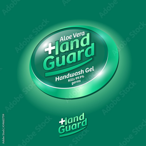 Hand Guard logo and label. Hand disinfectant, virus protection label. Sanitizer for hands and body. Green glossy ellipse with letters and medical cross. 