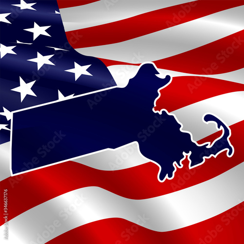 United States, Massachusetts. Dark blue silhouette of the state on its borders on the background of the USA flag.