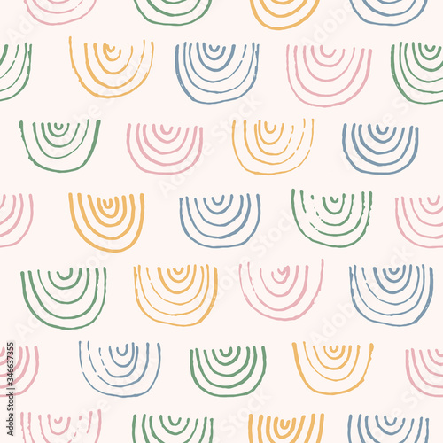 Cute abstract vector colorful textured hand drawn rainbow arc shape seamless pattern. Modern pastel colors texture for kids textile design, wrapping paper, surface, wallpaper, background