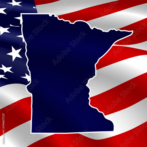 United States, Minnesota. Dark blue silhouette of the state on its borders on the background of the USA flag.