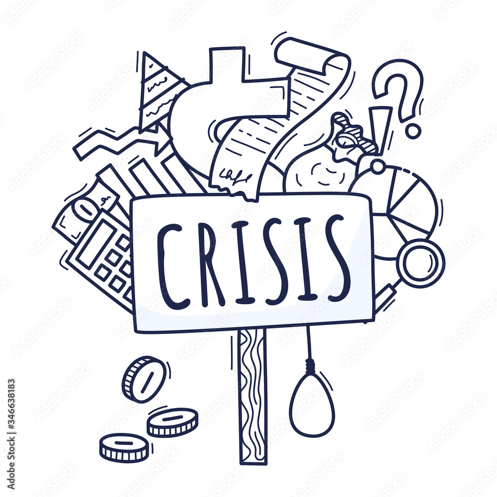 The concept of an economic crisis. Vector illustration in cartoon style is drawn by hand. Protest poster and various icons related to money and economy.