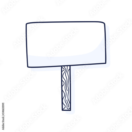 Blank banner cartoon mock up on wood stick. Vector empty board plank holder. Protest sign isolated on background