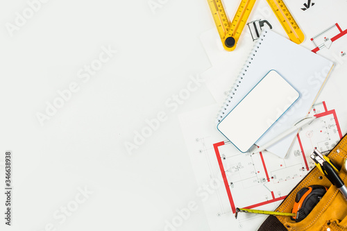 construction tools and phone, house plan, repair concept, layout, design nobody