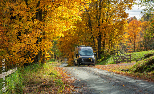 Quadro su tela Autumn leaves on country road near Woodstock Vermont - RV