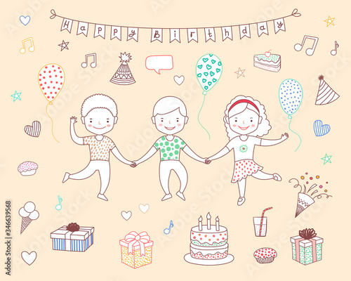Kids Birthday party celebration. Friends hold hands. Objects set. Cake, air balloons, gift, present box, cupcake, pie, firework, music. Vector line art doodle illustration in soft colors